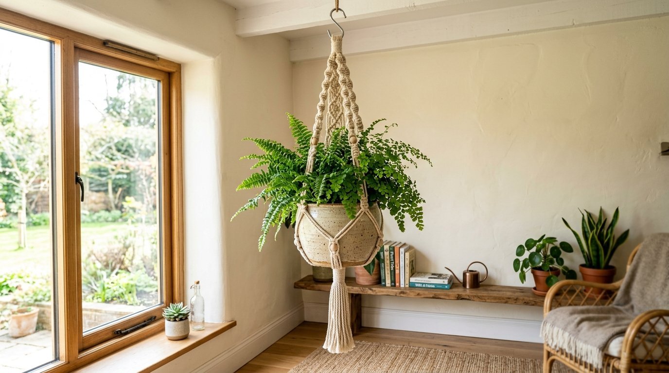 Lush green fern in a beige ceramic pot suspended by a knotted cotton rope hanger in a bright cozy living room.