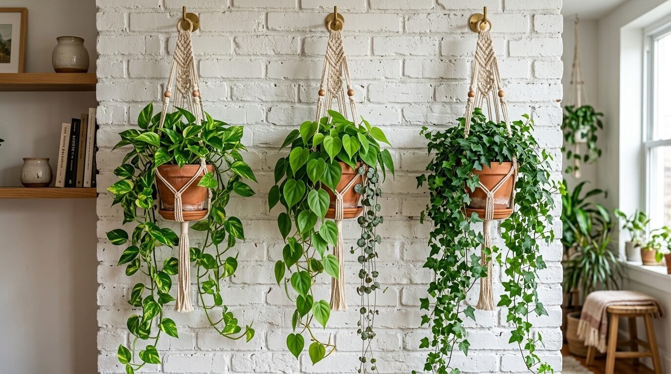 Hanging macrame plant holders display lush pothos, heartleaf, and ivy foliage in terracotta pots.