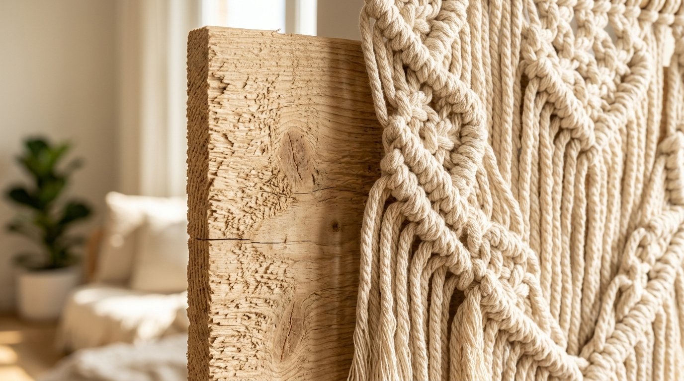 Close-up of a cream-colored woven rope design hanging beside a rough cut piece of natural timber.
