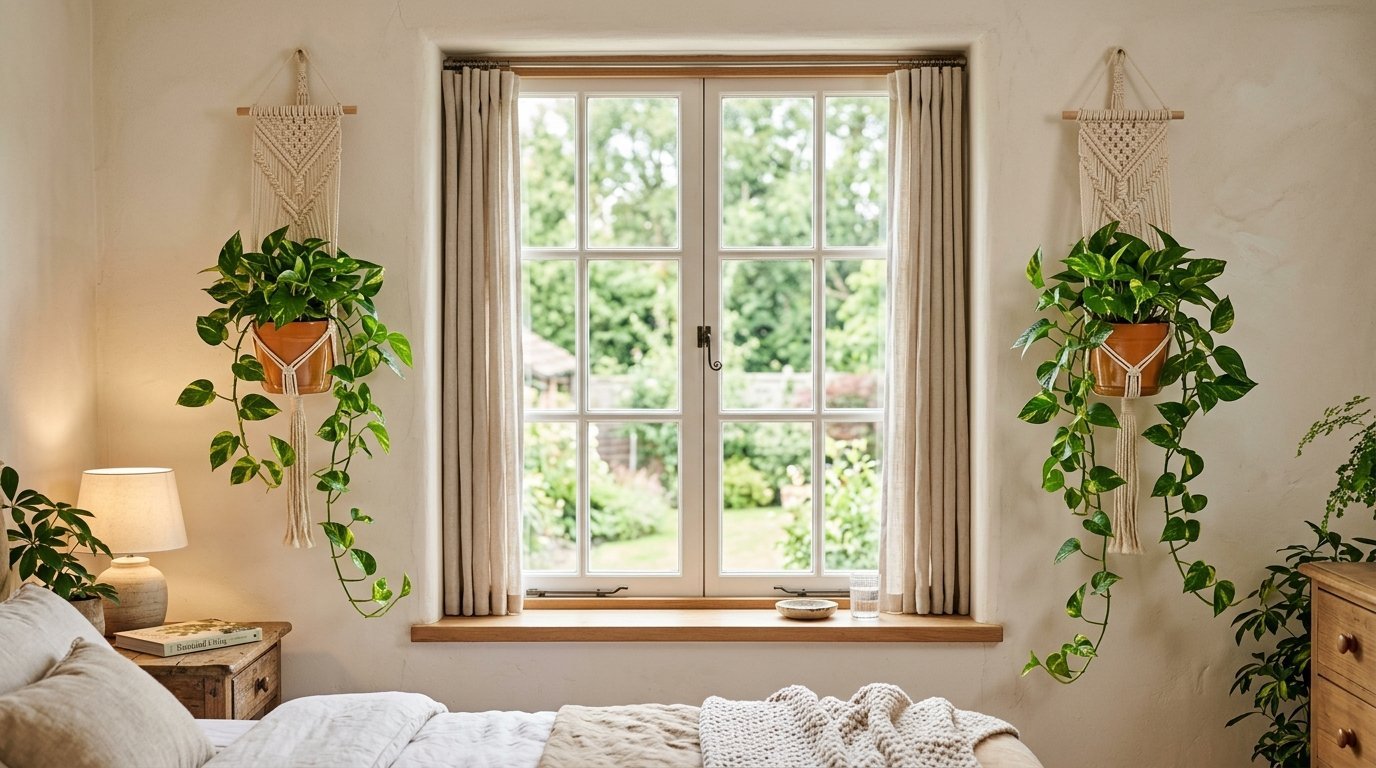 Two cream macrame plant hangers with green pothos plants flanking a bright wooden framed window.
