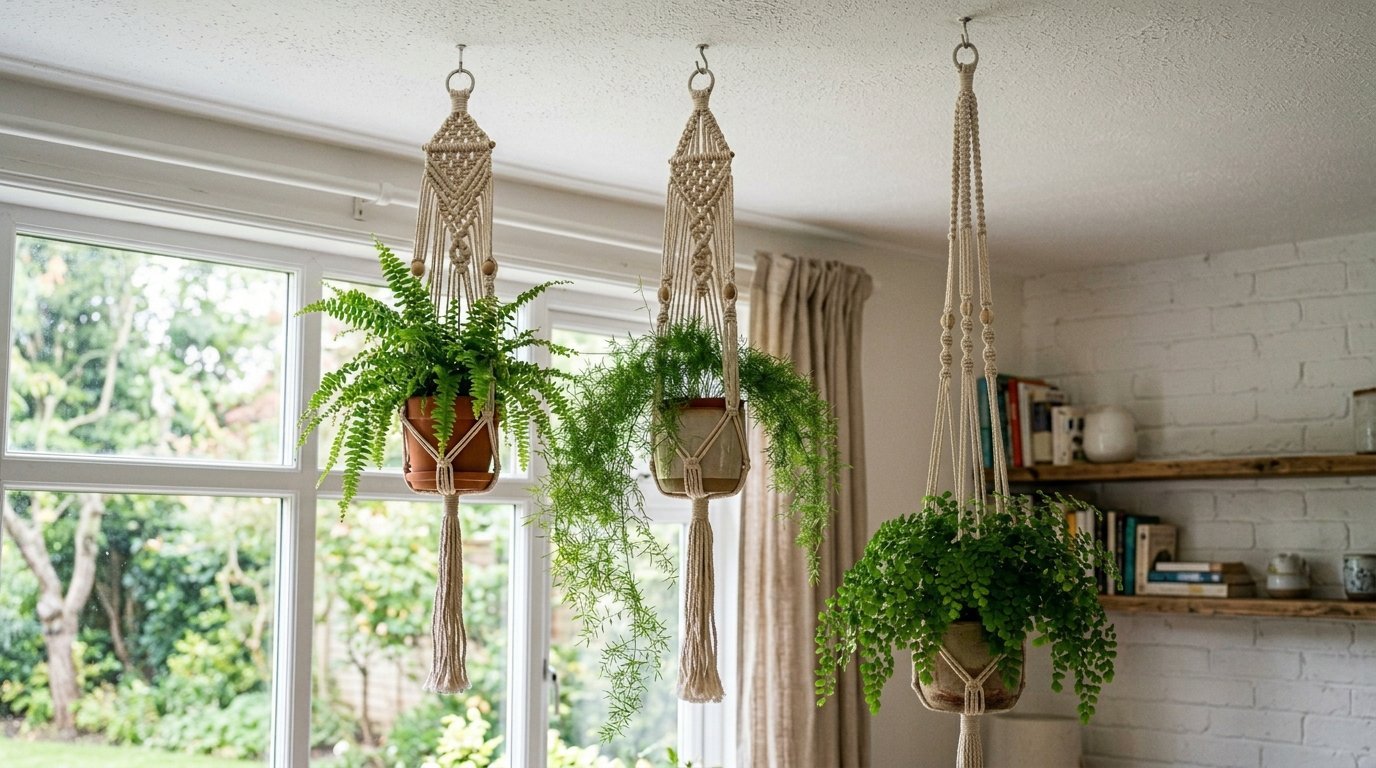 Three potted houseplants hanging from the ceiling in knotted macrame holders near a window.