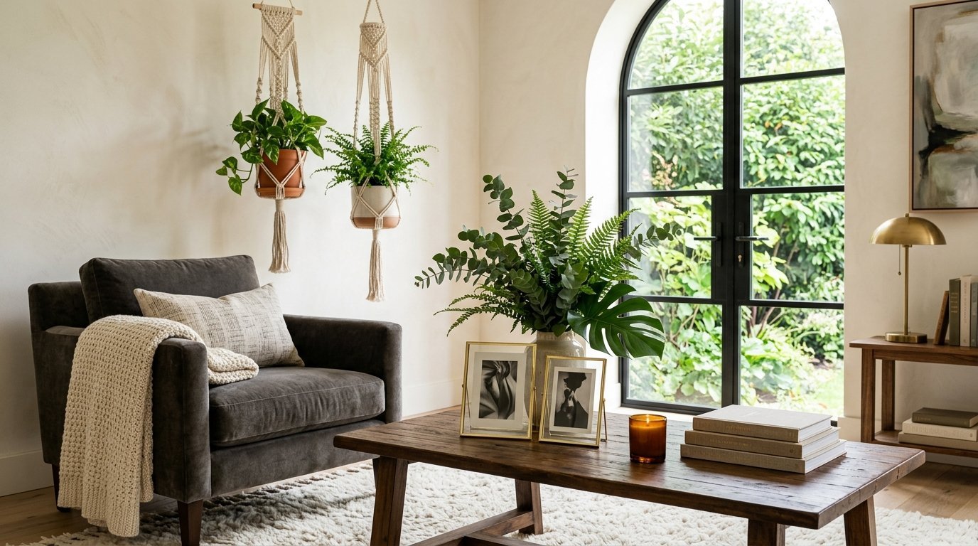 Plush charcoal chair next to a coffee table with framed photos and a lush bouquet in front of an arched window.