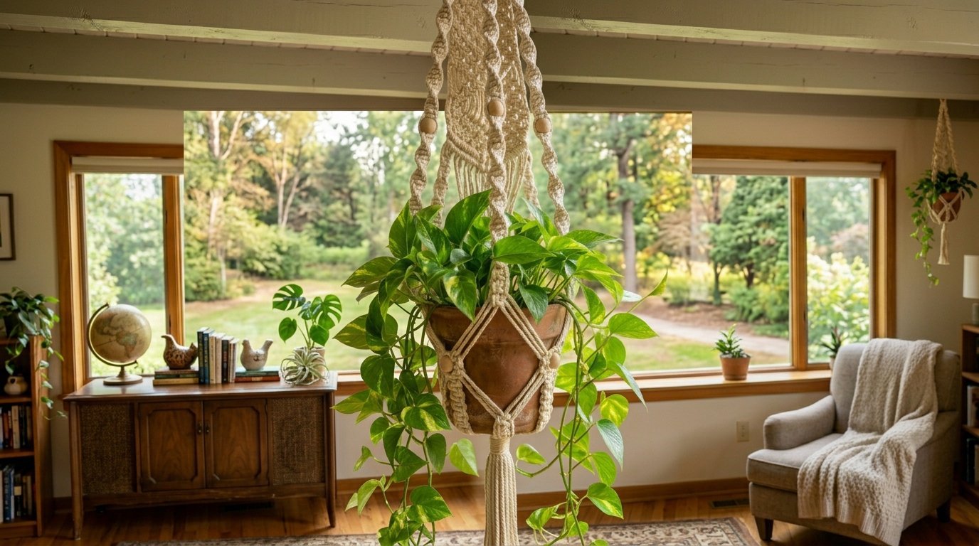 A pothos plant in a terracotta pot hanging from a decorative macrame holder in front of a window.