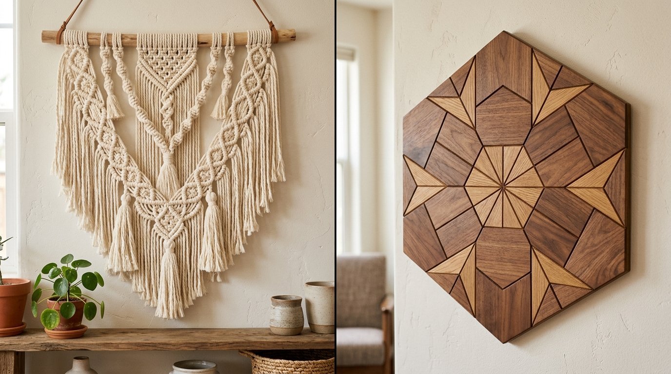 A cream macrame tapestry on a branch next to a hexagon-shaped wooden wall sculpture with light and dark wood panels.