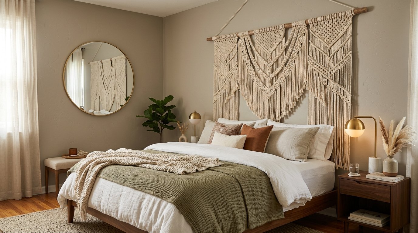A beige bedroom with a large cream macrame wall hanging behind a wooden bed frame with green bedding.