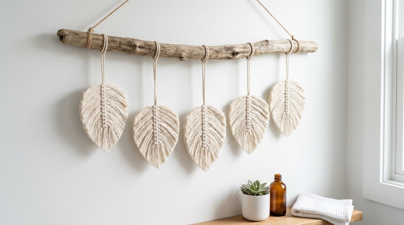 Five cream-colored macrame leaf ornaments suspended from a rustic wooden branch against a white wall.