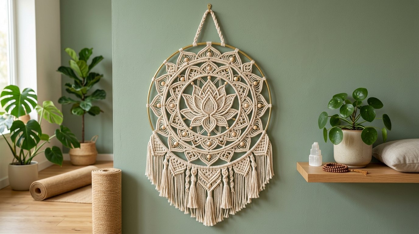 Intricate handmade cream cord wall hanging with a gold hoop, wooden beads, and fringe, mounted on a sage green wall.