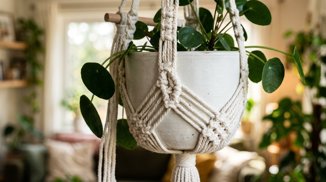 Close-up of a white ceramic planter supported by a beige knotted cord macrame design with a leafy green plant.