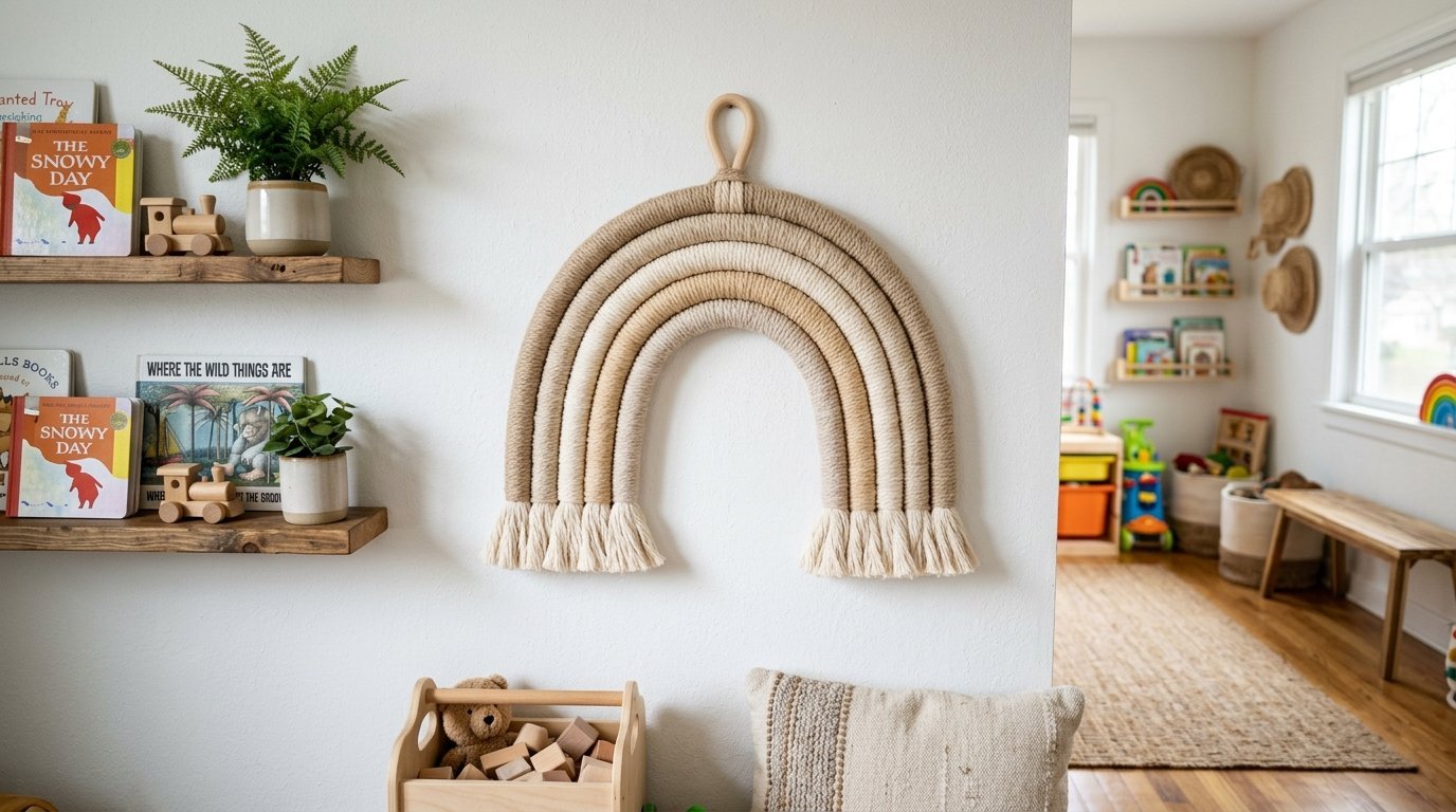 A decorative woven beige rope rainbow hanging on a white wall in a child's playroom with wooden toy shelves nearby.