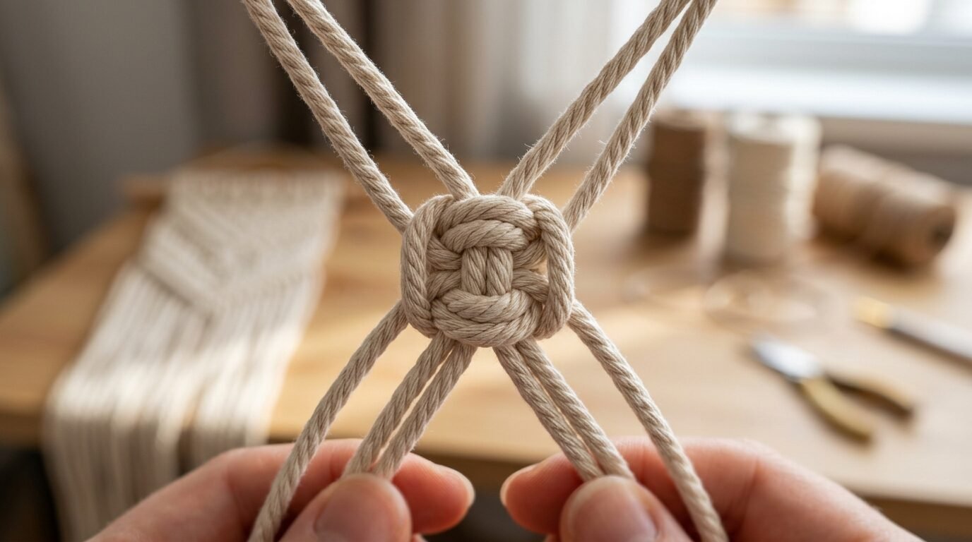 Hands holding cotton macrame cord tied in a centered square knot.