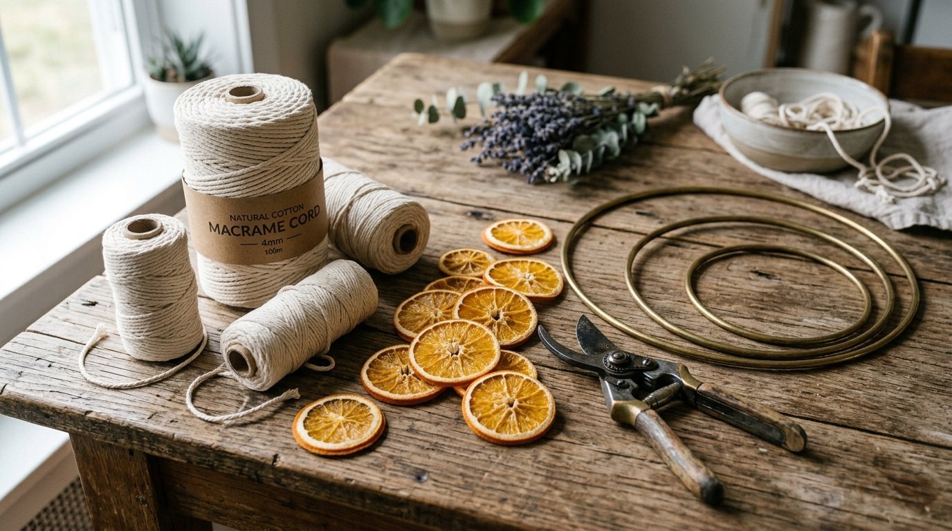 A rustic wood table featuring white macrame cord, brass rings, dried orange circles, and lavender sprigs for DIY projects.