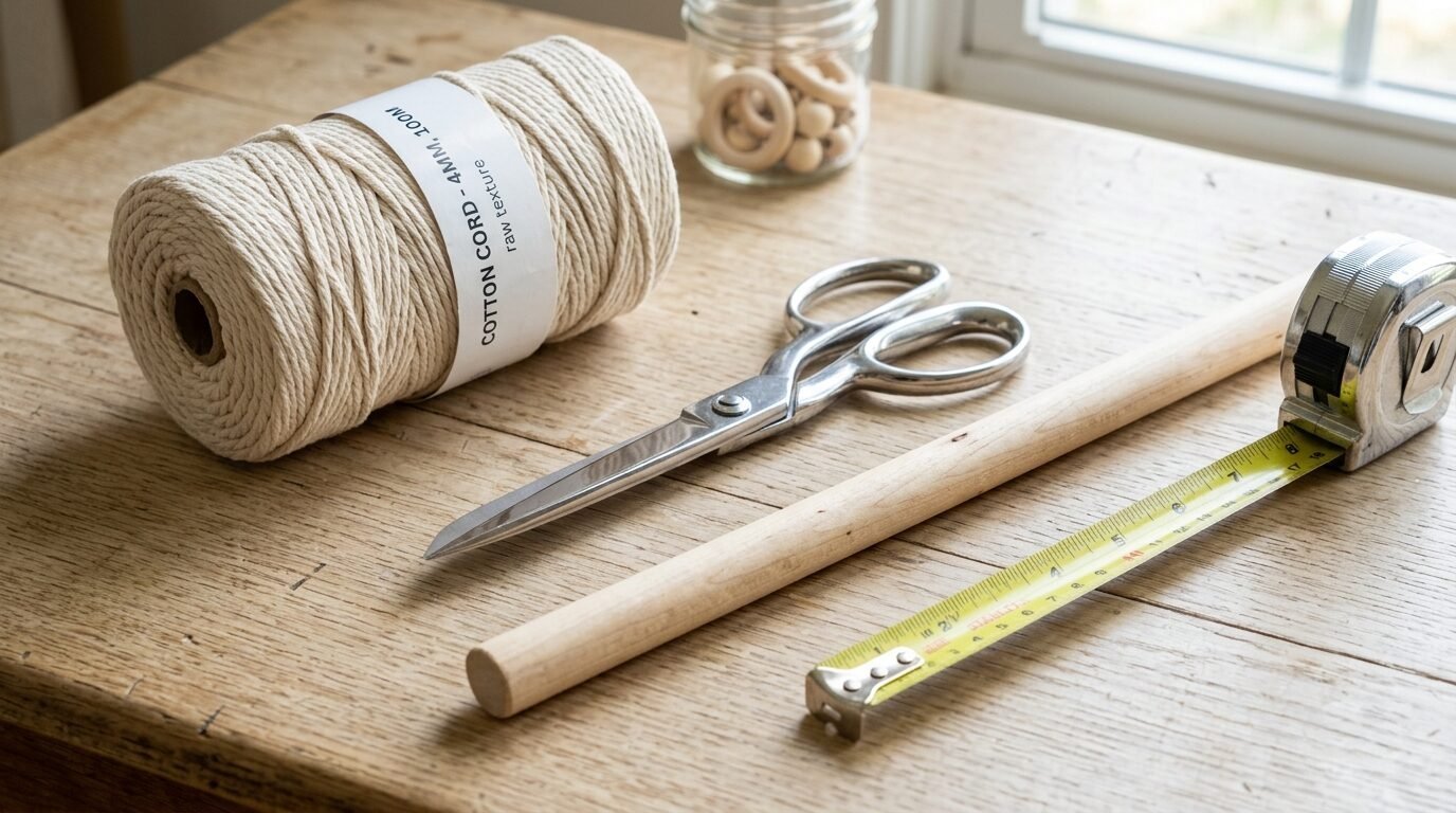 Macrame cord spool beside silver scissors, a wooden dowel, and a tape measure on a rustic table surface.