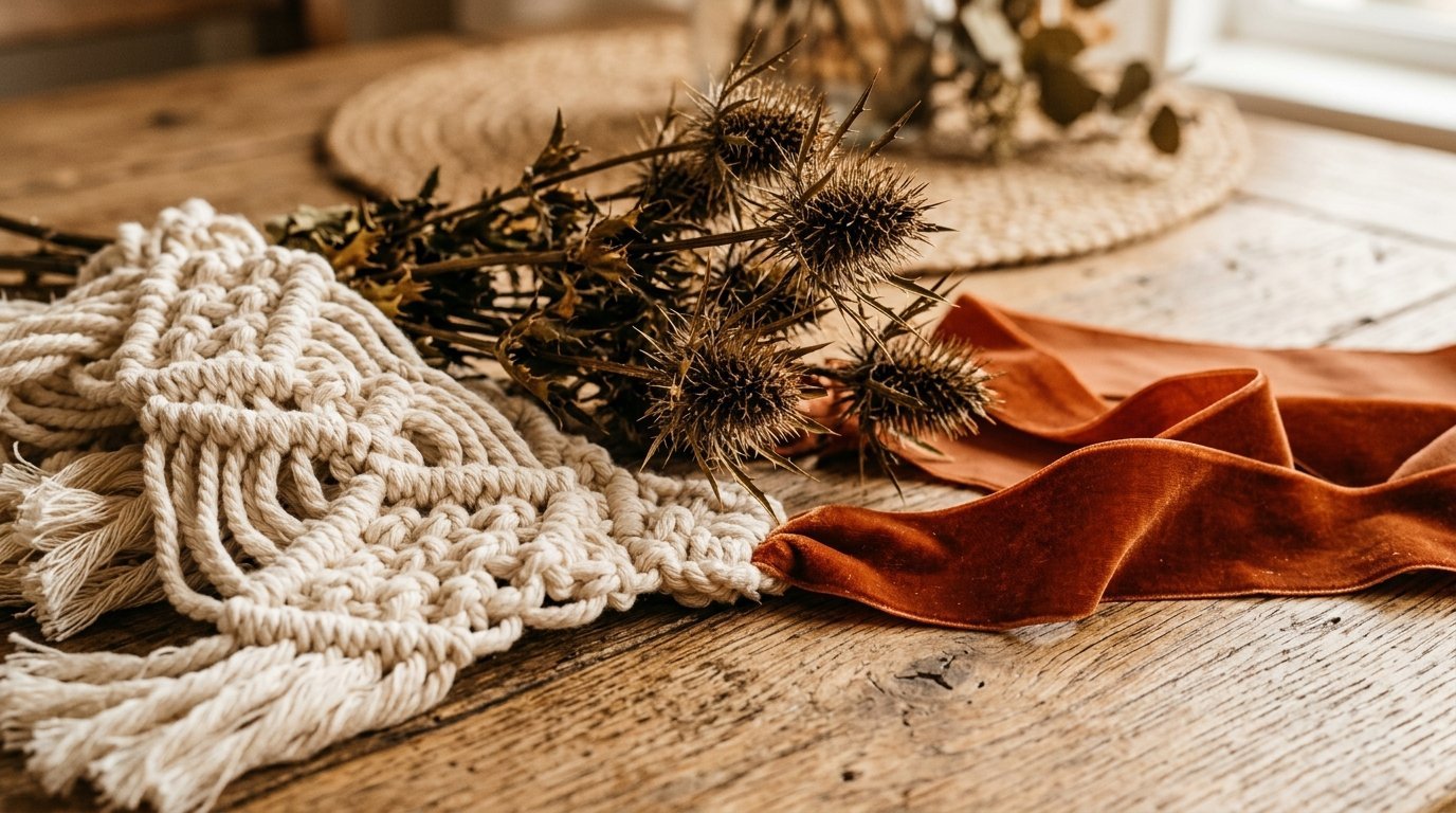 Close up of cream macrame knotting, prickly dried thistles, and rust velvet ribbon on a rustic wooden table.