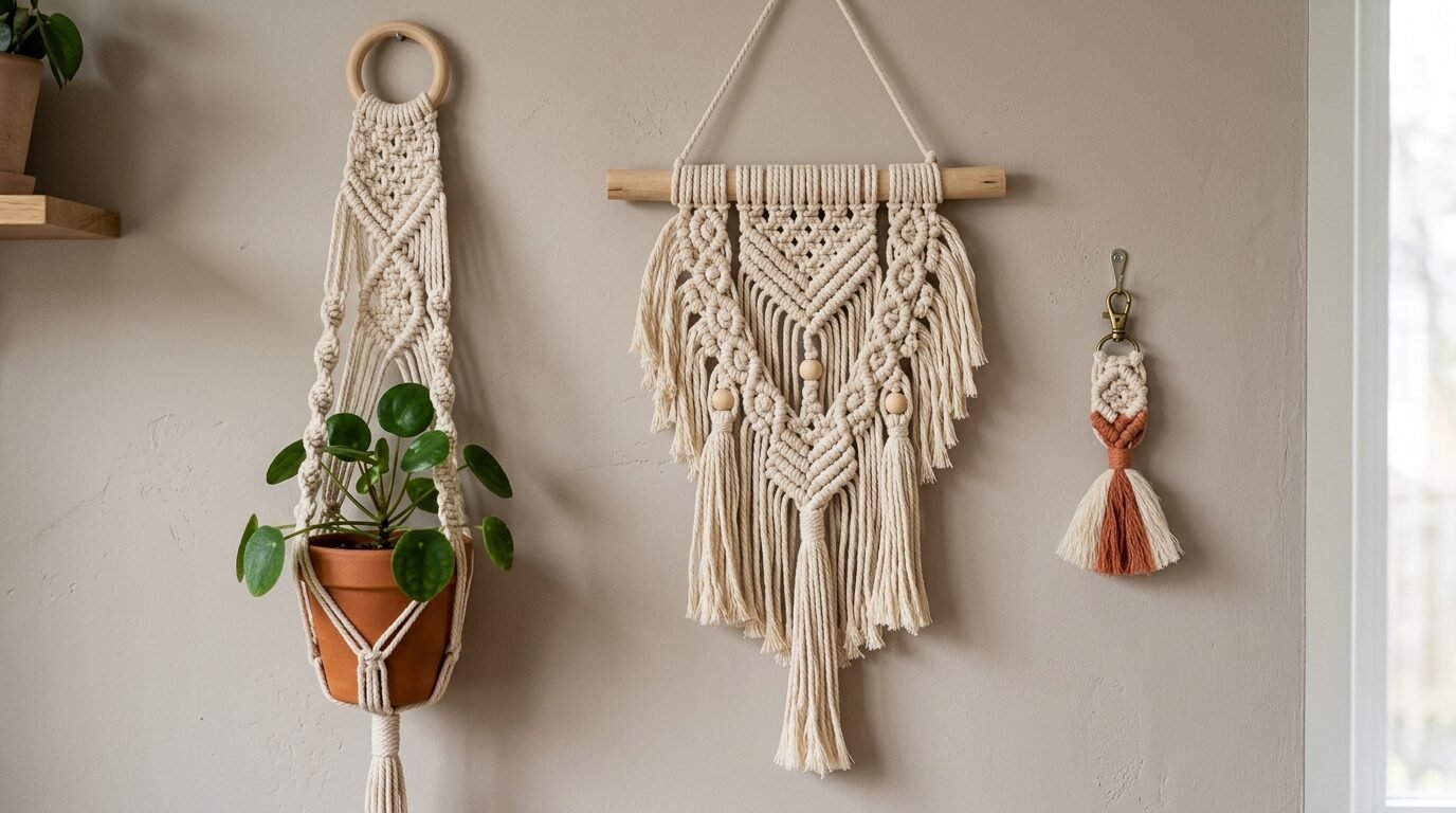 Cream colored woven macrame decor and a plant hanger displaying a pilea plant on a beige wall.