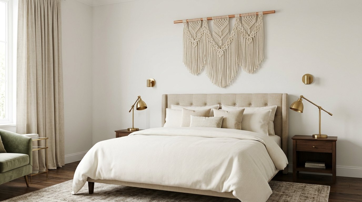 Neutral bedroom with a beige upholstered bed, brass lamps, and an intricate woven fiber wall hanging.