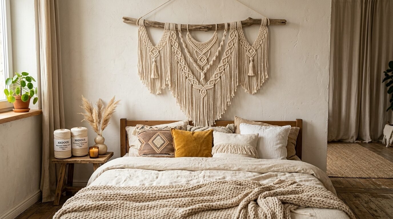 A large cream-colored macrame tapestry hangs on a wall above a wooden bed frame styled with layered pillows.