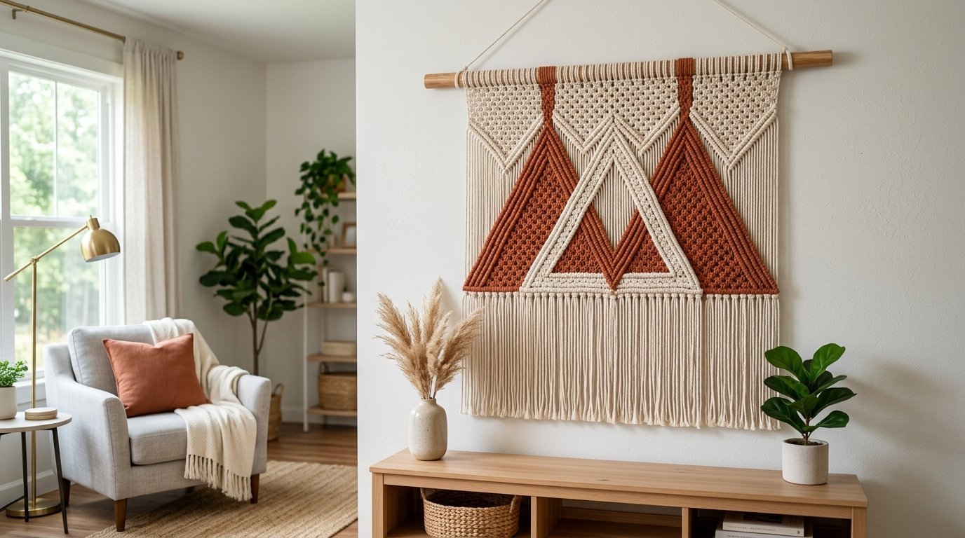 Large cream and burnt orange macrame tapestry hung on a white wall above a wooden console table.