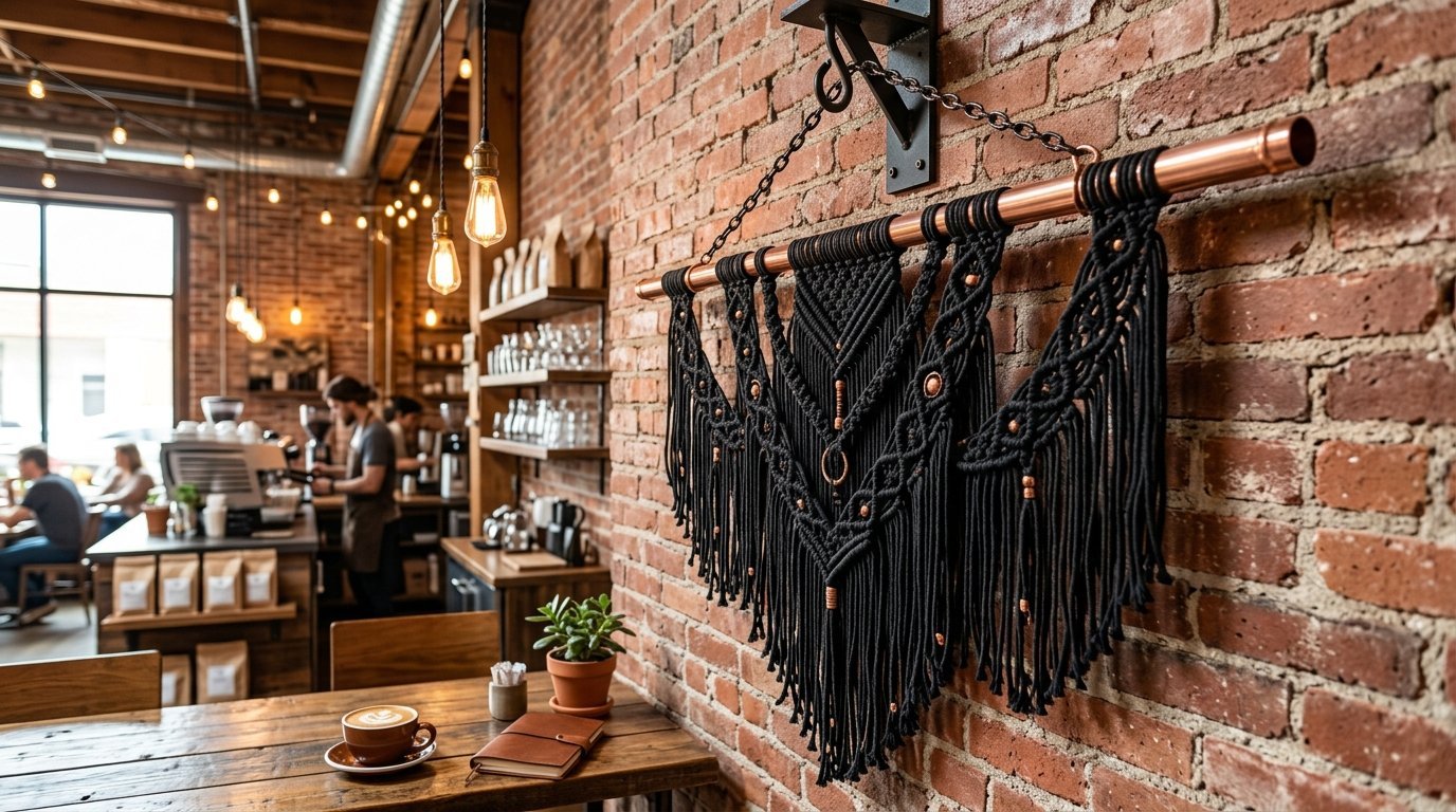 Intricate black knotted fiber art suspended from a copper pipe against an exposed brick wall in a cafe.