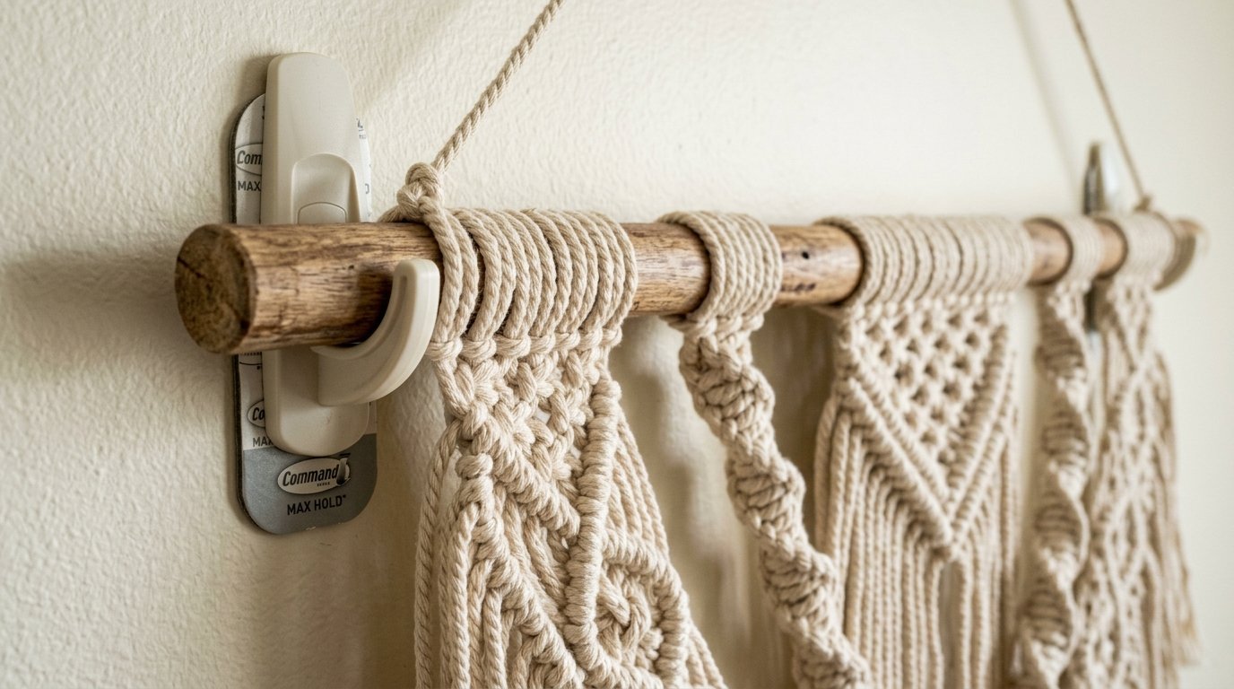Close-up of a woven macrame art piece supported by a wood rod mounted on a command hook.