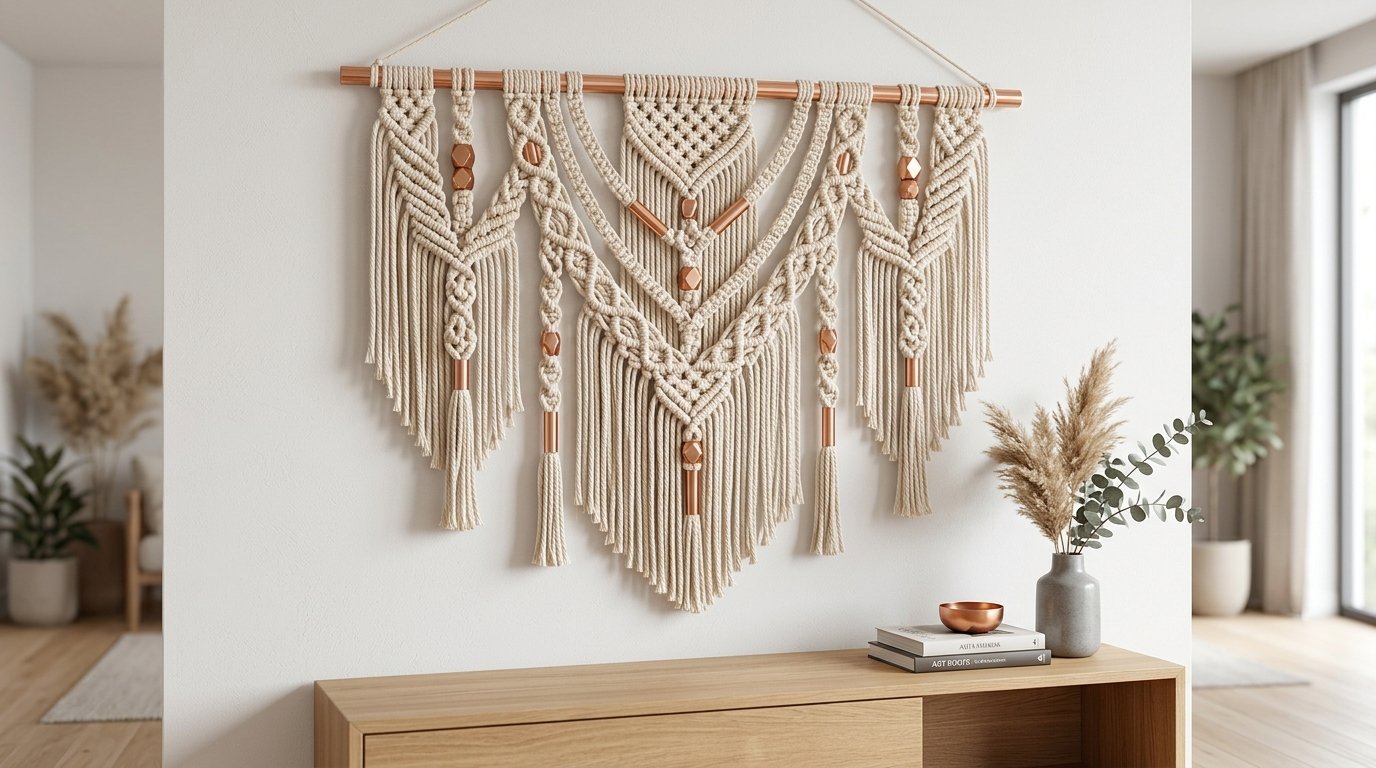 Intricate beige macrame tapestry with copper hardware hanging on a white wall above a wooden console table.