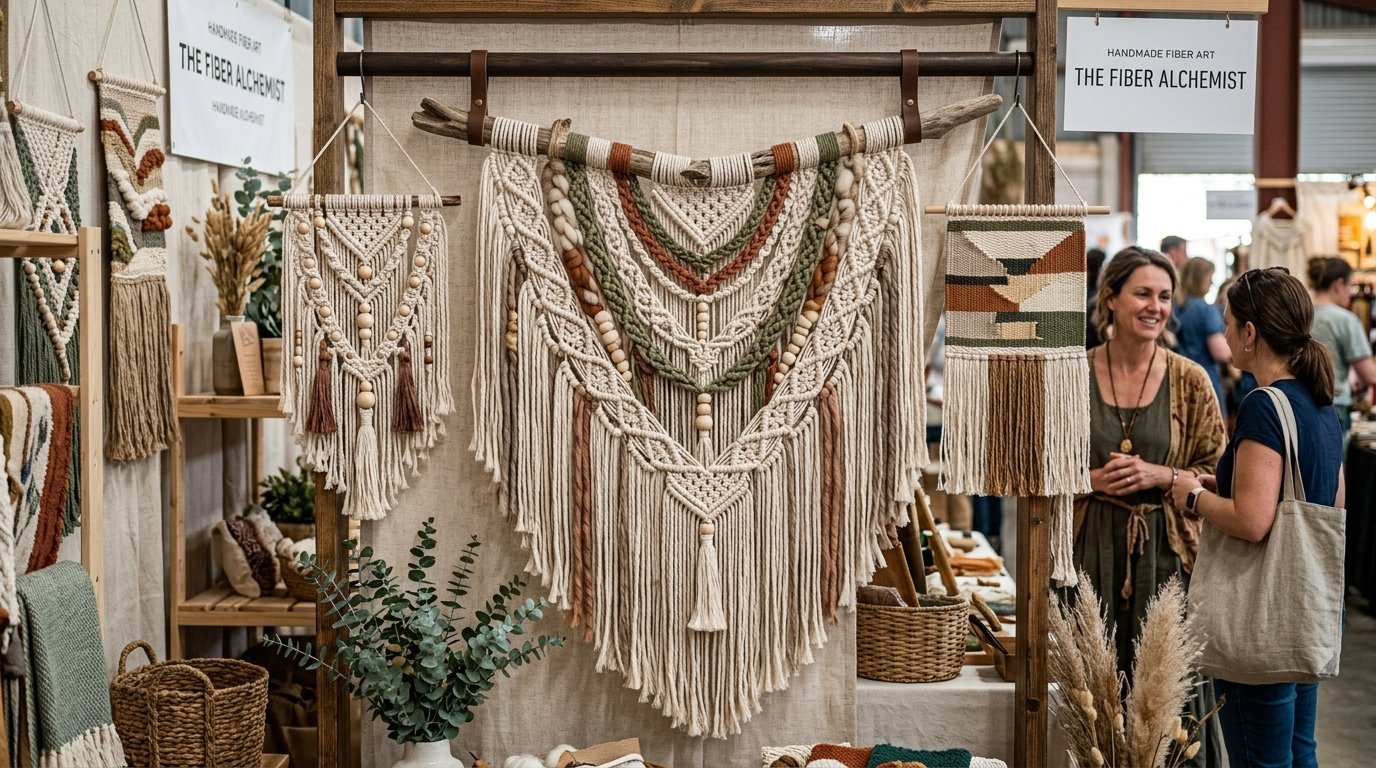 A large central macrame wall hanging with wooden beads and earth tones displayed at a boutique craft booth.