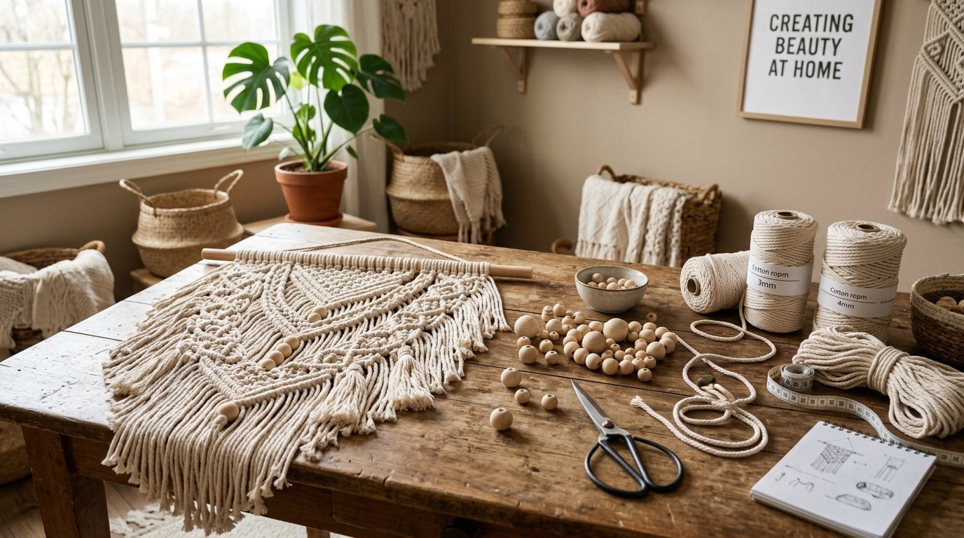 Macrame cords, wooden beads, and scissors arranged on a rustic table with a partially finished fiber art piece.