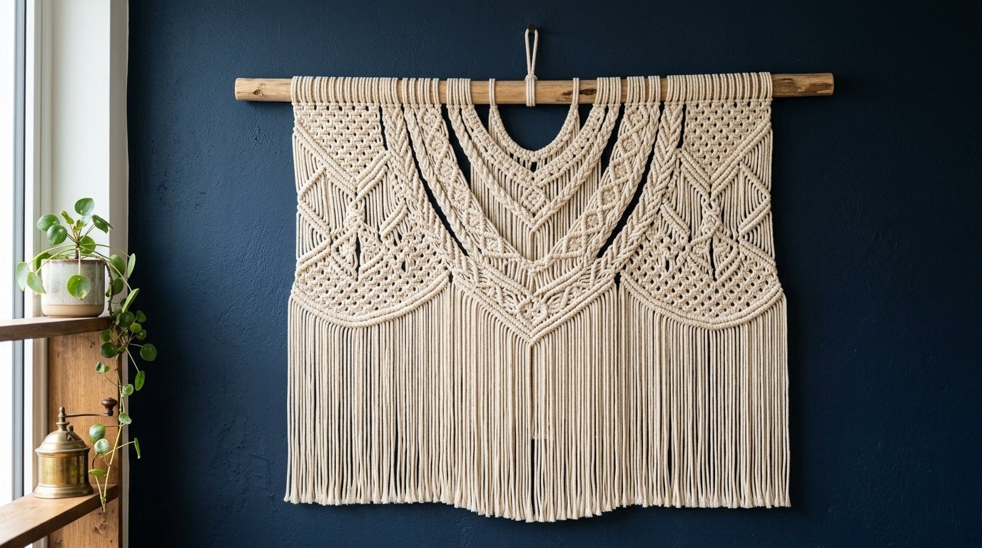 Cream colored macrame tapestry with complex geometric patterns hanging from a wooden dowel.