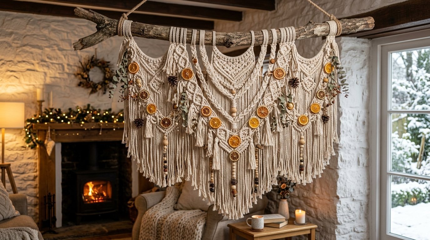 Large cream-colored macrame tapestry hanging on a wooden branch, accented with dried citrus slices and pine cones.