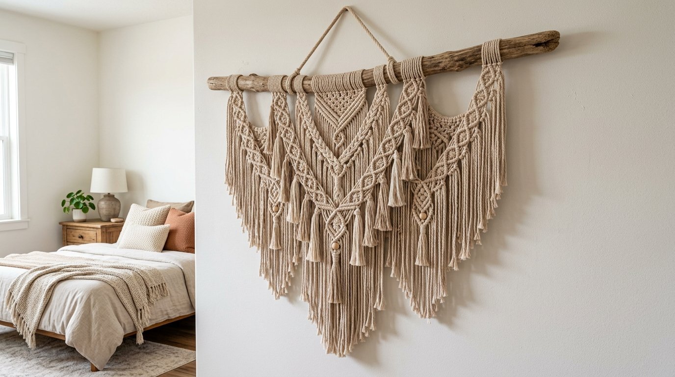 Large cream-colored macrame fiber art hanging on a rustic wooden log against a neutral bedroom wall.