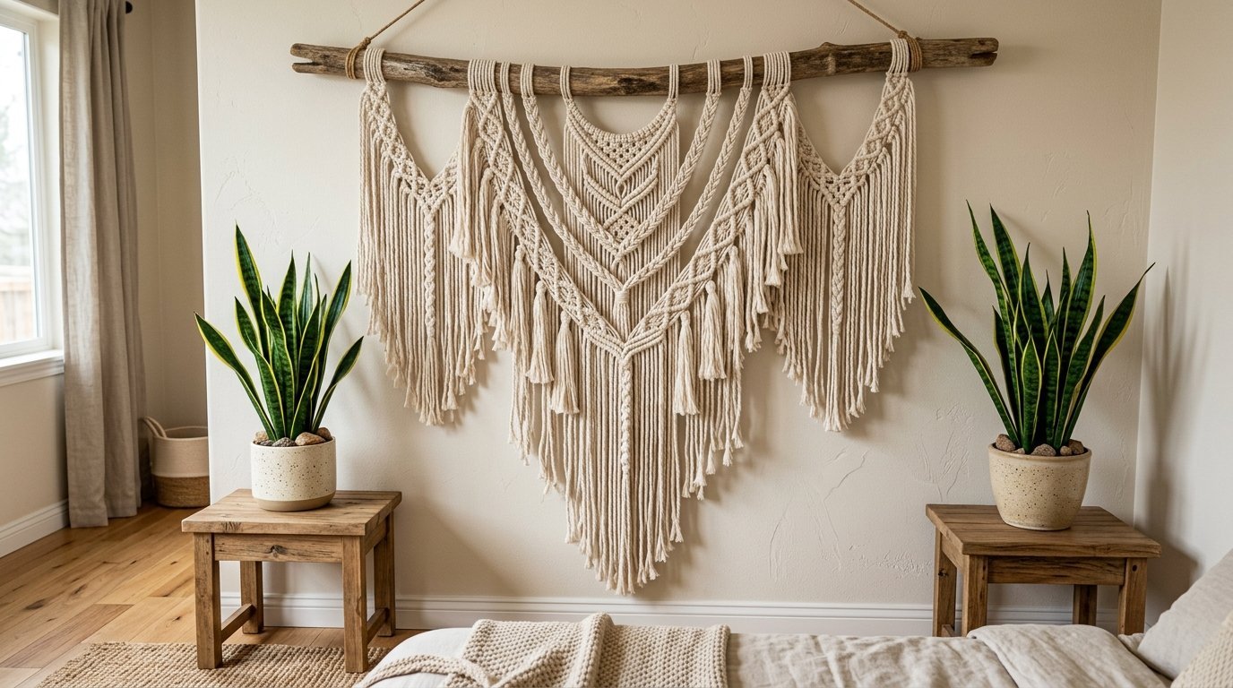 Large off-white macrame art hanging on a wooden branch with two snake plants on side tables.