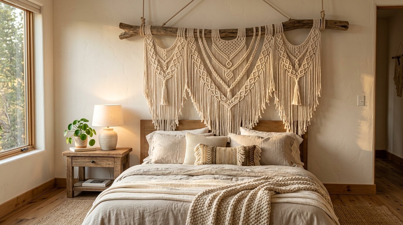 Large woven macrame tapestry hanging from a driftwood branch behind a neutral colored bed.