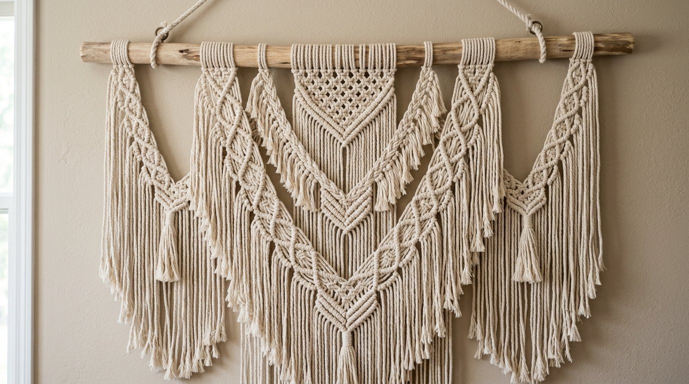 A large cream-colored cotton macrame textile featuring complex braided patterns and fringes hanging on a wooden branch.