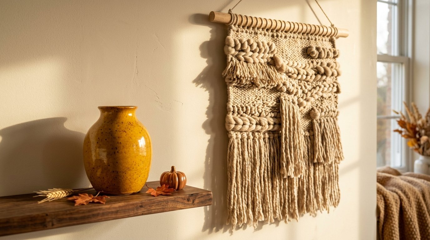 Woven boho fiber art hangs on a wall beside a mustard ceramic vase and miniature pumpkin on a wooden shelf.