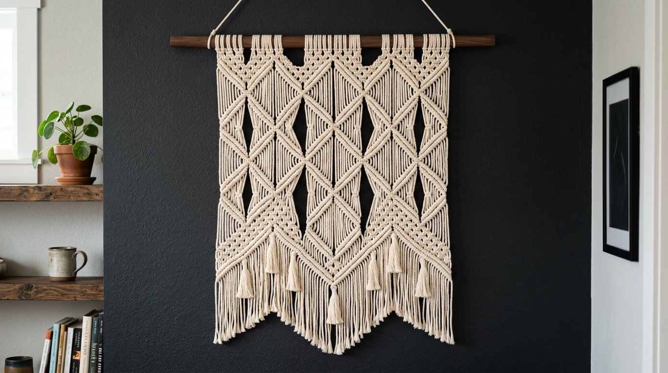 Handmade woven cord wall art with diamond patterns and tassel fringe hanging on a black wall.