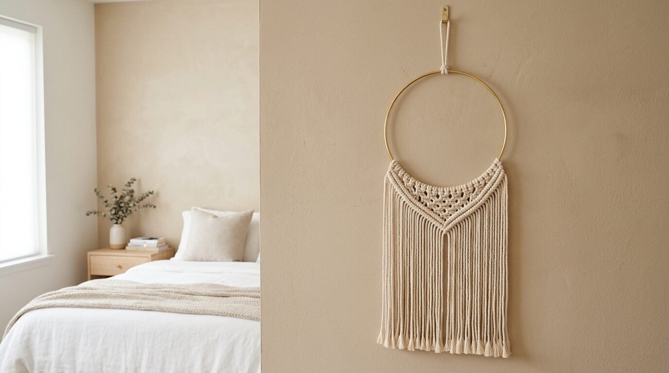 Decorative woven cotton wall art suspended from a gold metal circle ring in a neutral colored room.