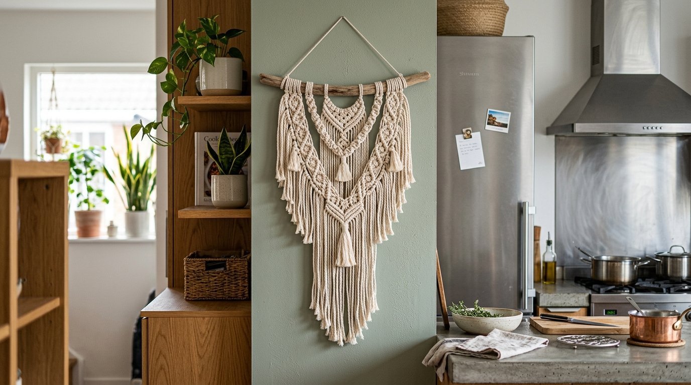 Intricate cotton cord macrame piece hanging on a sage green kitchen wall between wood shelving and a refrigerator.