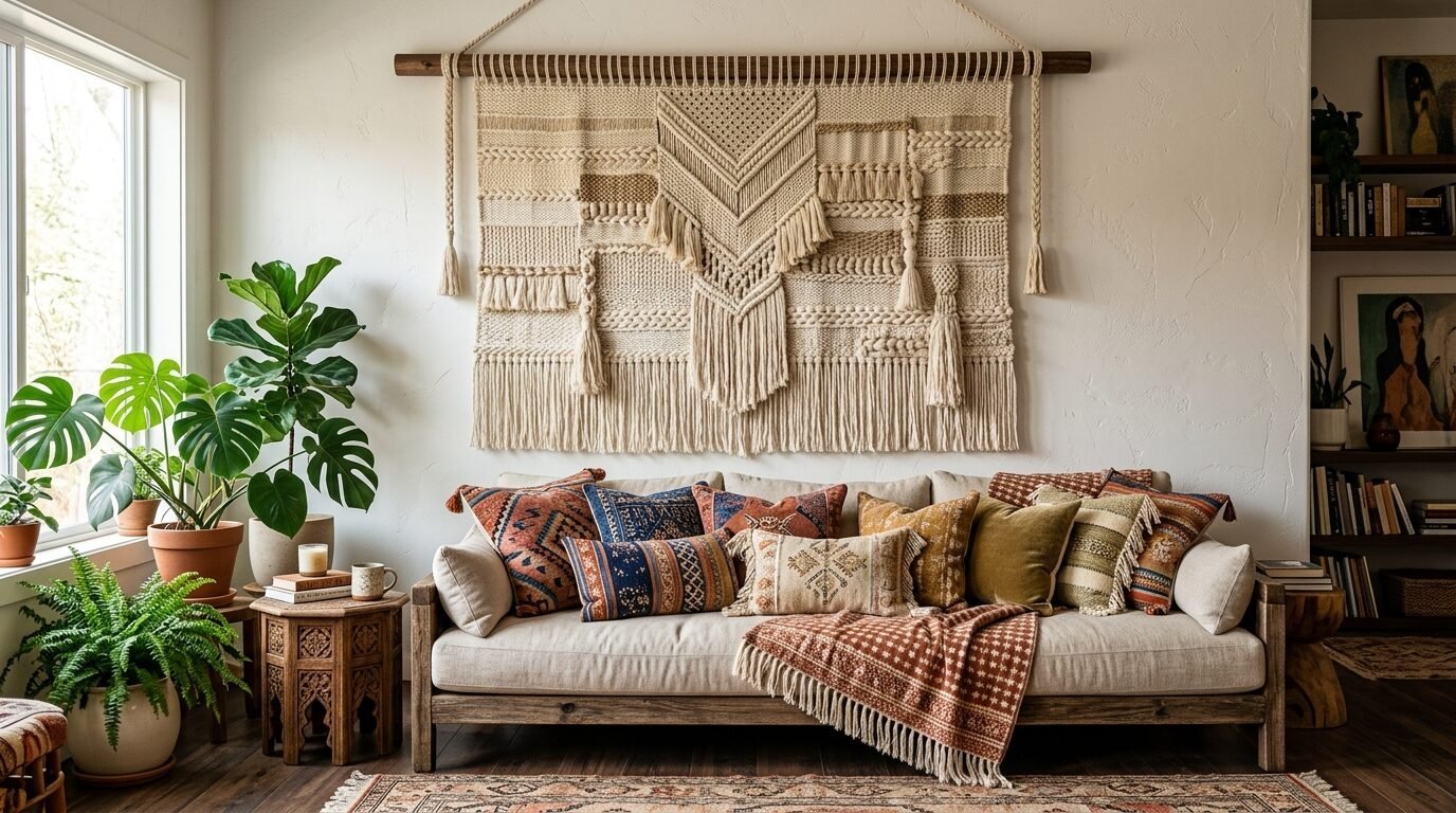 Beige macrame wall hanging above a couch filled with patterned throw pillows in a cozy living room space.