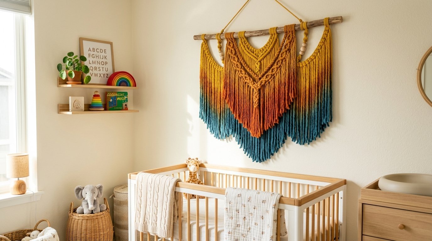 A colorful mustard yellow, orange, and blue dip-dyed macrame wall hanging above a wooden baby crib.