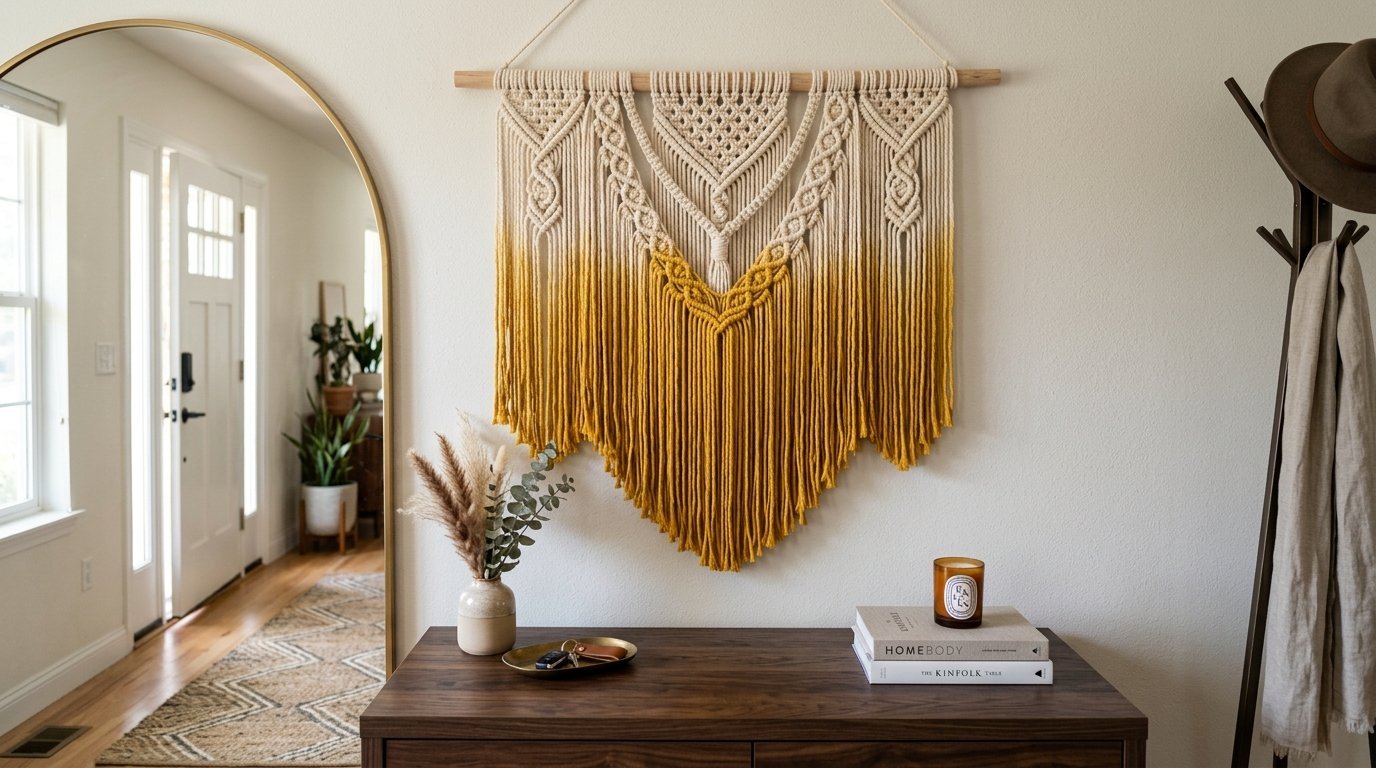 A cream and yellow ombre macrame art piece hangs above a wooden console table in a bright entryway.
