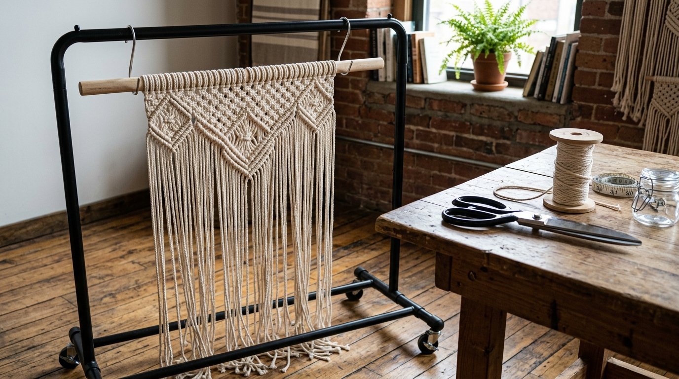 Cream colored cotton cord macrame art hanging from a wooden dowel on a black metal garment rack near a wooden work table.