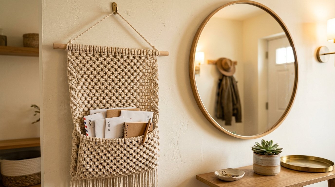 A woven macrame wall organizer holding envelopes and a small notebook next to a round mirror.