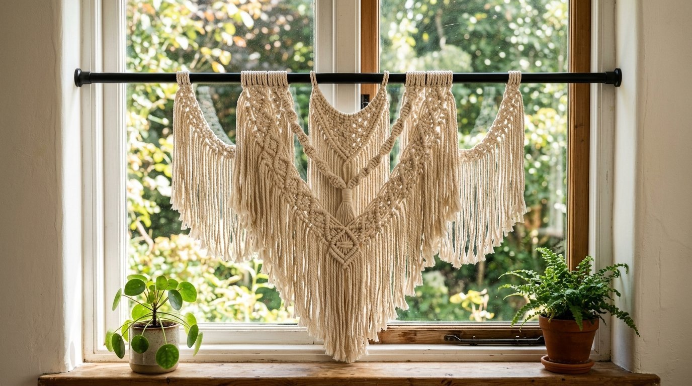 Intricate off-white macrame wall hanging suspended on a black rod in front of a garden view window.