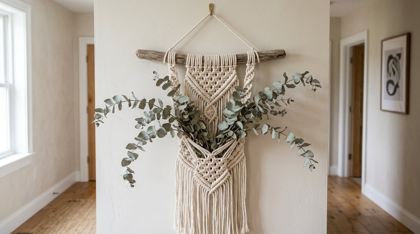 Intricate cream woven fiber wall hanging holding green eucalyptus stems against a neutral interior wall.
