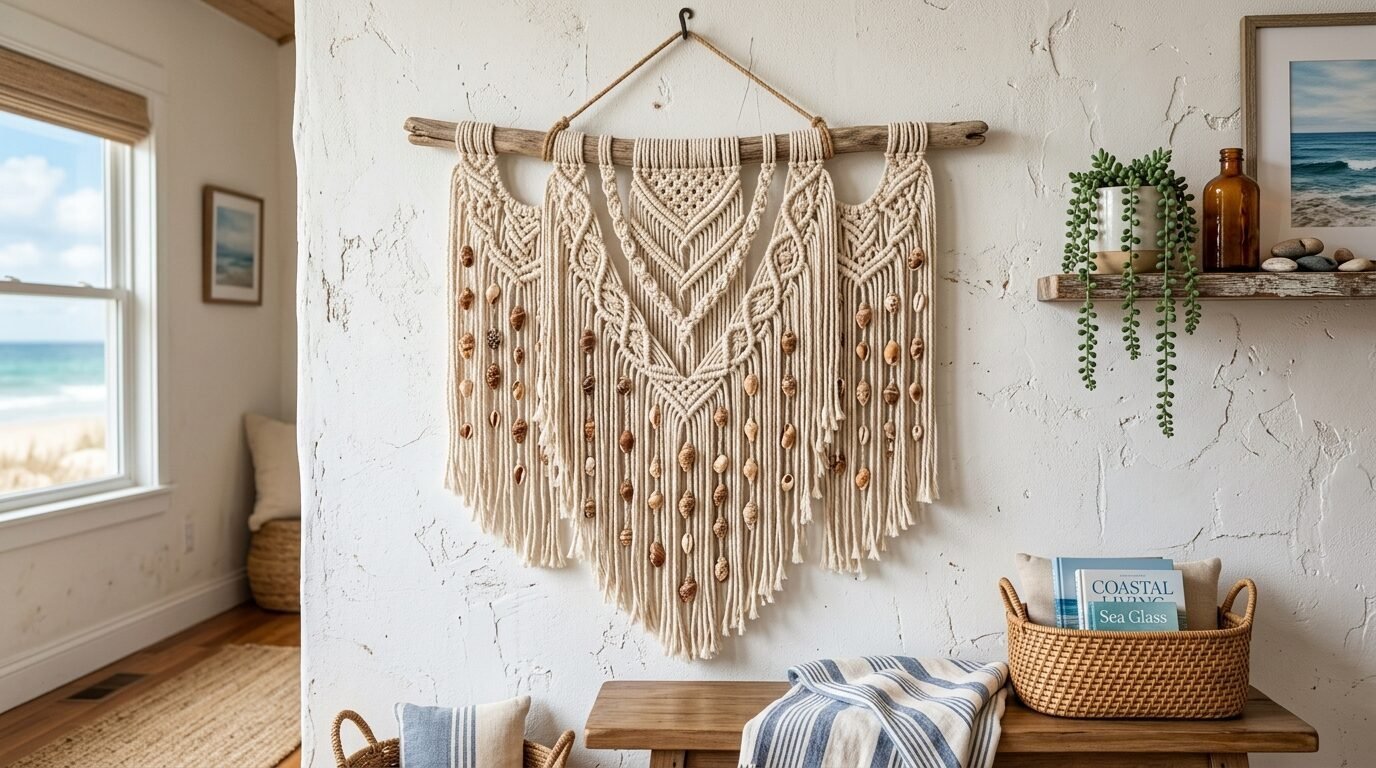 Intricate beige macrame wall hanging featuring attached seashells, suspended on a driftwood branch.