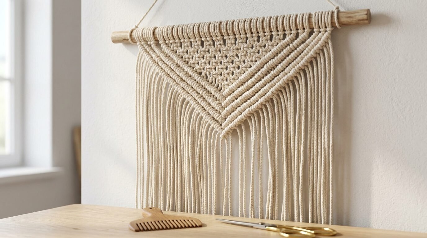 Intricate off-white macrame wall hanging with long fringe tassels above a wooden desk with a comb and scissors.