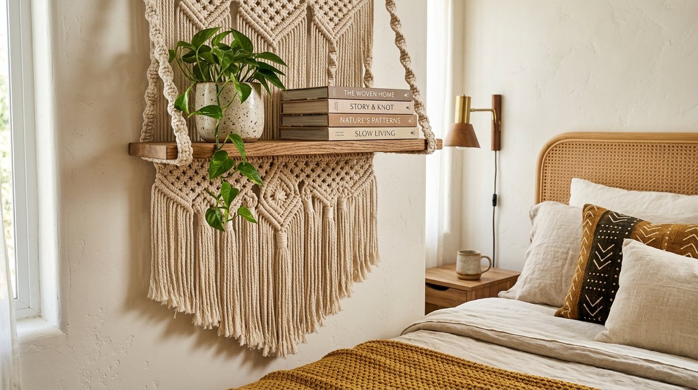 A macrame wall hanging with a wooden shelf holding a potted plant and books above a bed.
