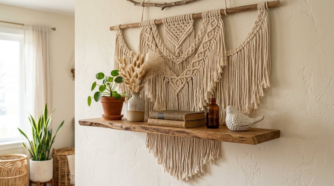 Decorative macrame piece displayed on a wall with books and plants sitting on a natural wood floating shelf.
