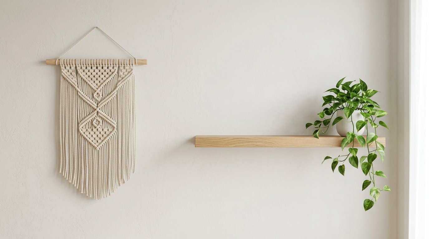 Cream macrame tapestry hung next to a light wood floating shelf featuring a potted pothos plant.