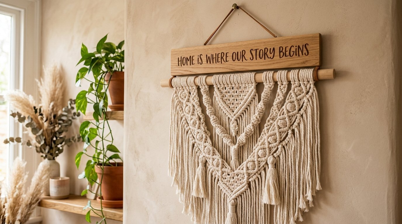 Intricate cotton cord macrame piece featuring a wooden sign that says Home is where our story begins.