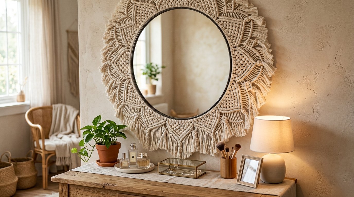 Round mirror with decorative macrame frame hanging above a wooden console table with plants and makeup brushes.